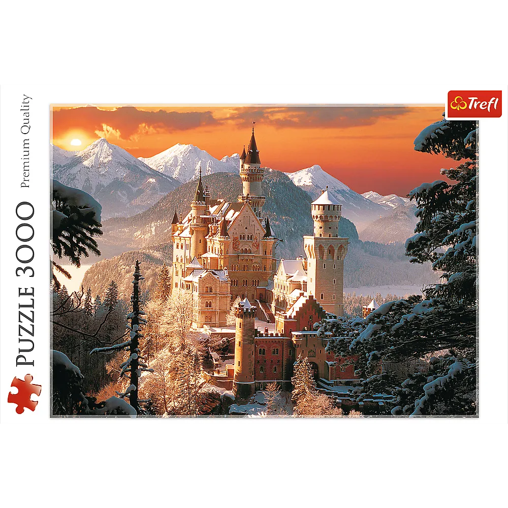 Zbliżenie na szczegółowy widok Neuschwanstein zimą na puzzlach