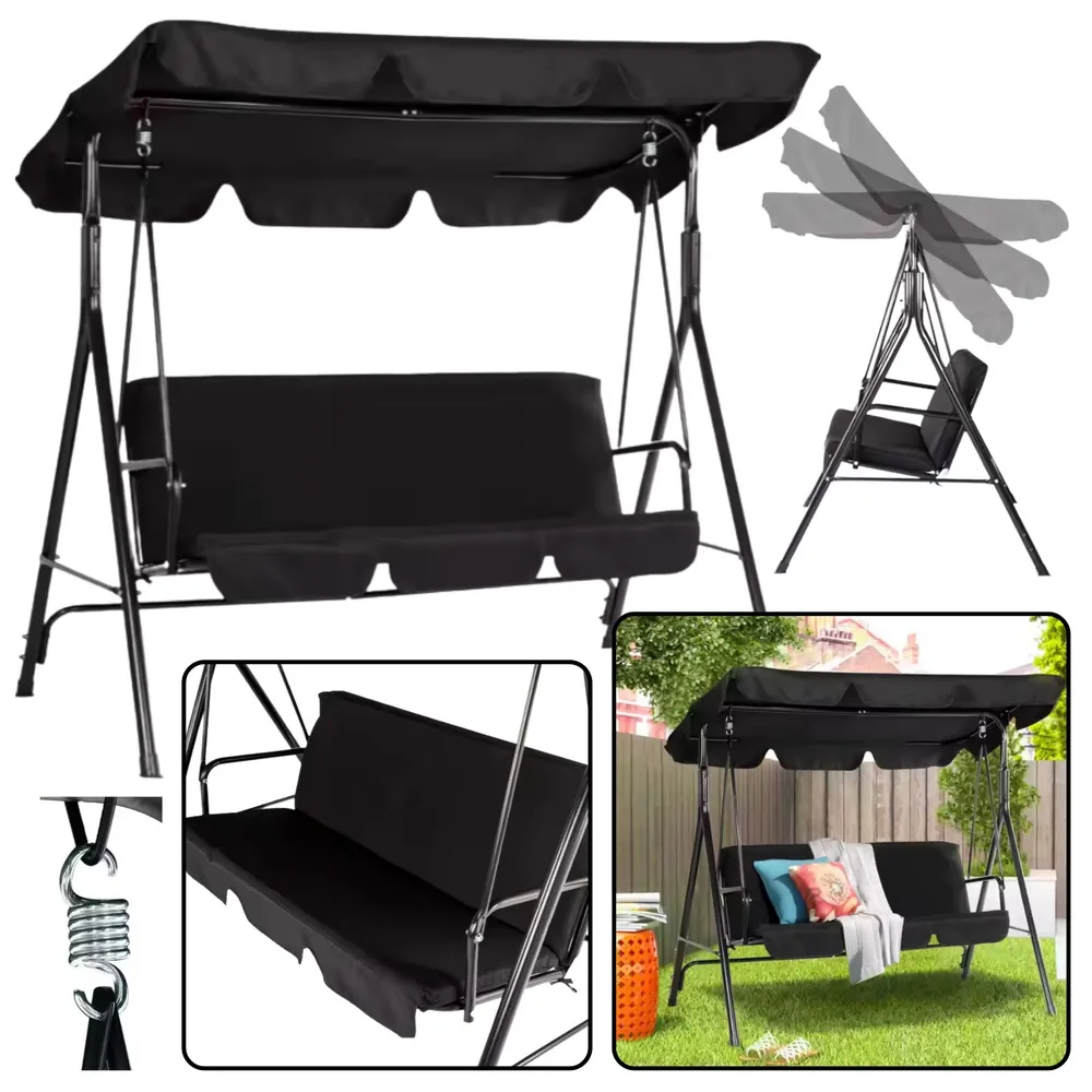 Huśtawka trzyosobowa ogrodowa z materacem w kolorze czarnym