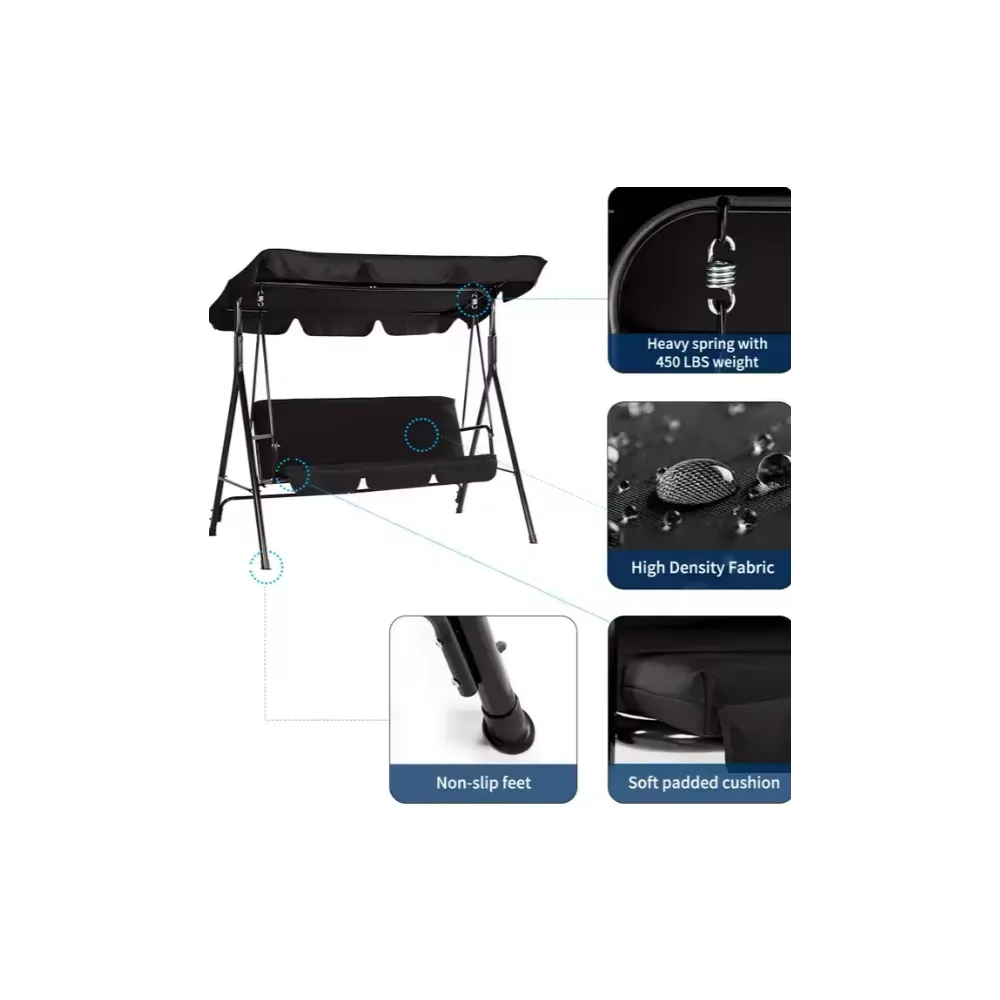 Trwała huśtawka ogrodowa ze stalowym stelażem i zadaszeniem