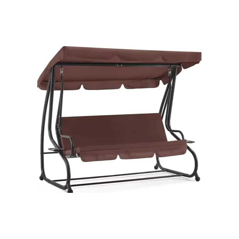 Brązowa huśtawka ogrodowa z funkcją leżanki na tle zielonego ogrodu