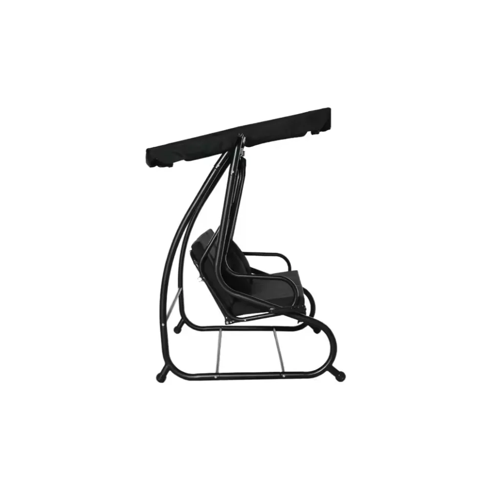 Nowoczesna czarna huśtawka bujana na patio z poduszkami