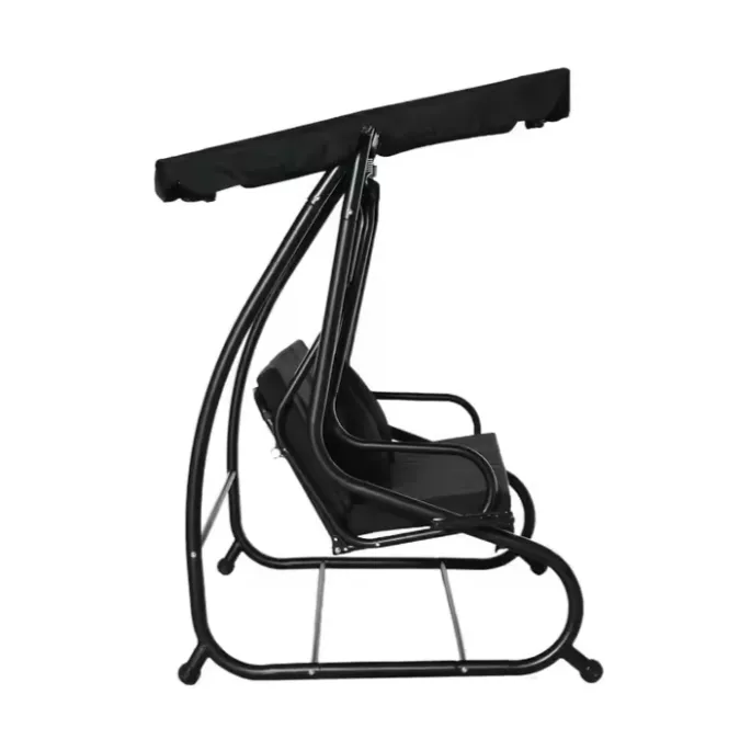 Nowoczesna czarna huśtawka bujana na patio z poduszkami