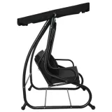 Nowoczesna czarna huśtawka bujana na patio z poduszkami