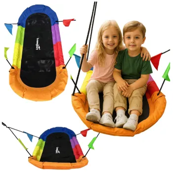 Kolorowa huśtawka ogrodowa bocianie gniazdo prostokątna na podwórku