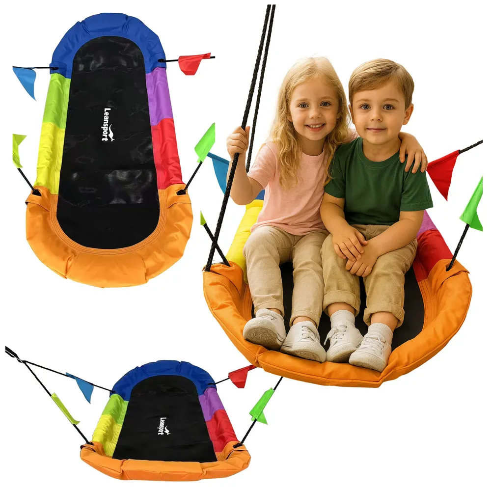 Kolorowa huśtawka ogrodowa bocianie gniazdo prostokątna na podwórku