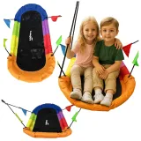 Kolorowa huśtawka ogrodowa bocianie gniazdo prostokątna na podwórku