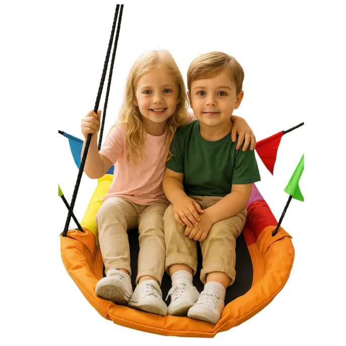 Solidna huśtawka ogrodowa z wytrzymałą stalową ramą i regulowanymi linami