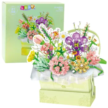 Kompozycja kwiatowa z klocków konstrukcyjnych z podświetleniem LED w pudełku
