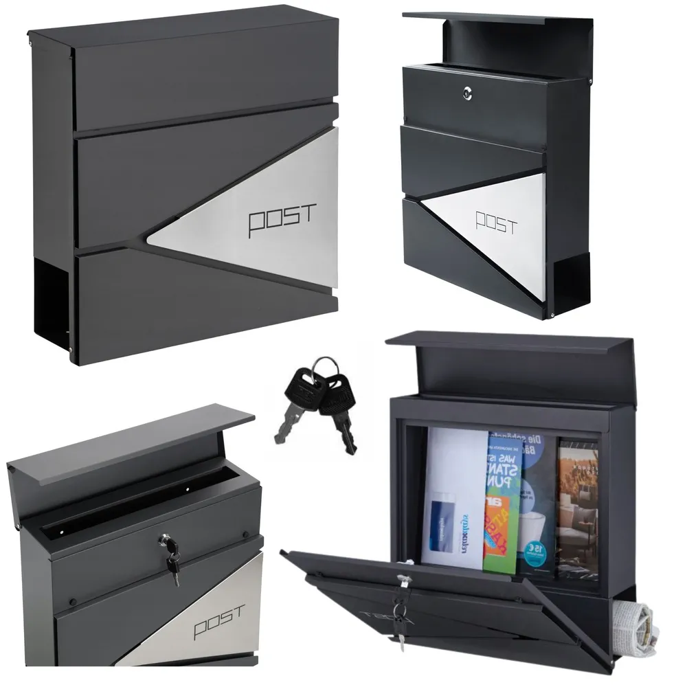 Duża antracytowa skrzynka pocztowa z napisem POST na listy i gazety