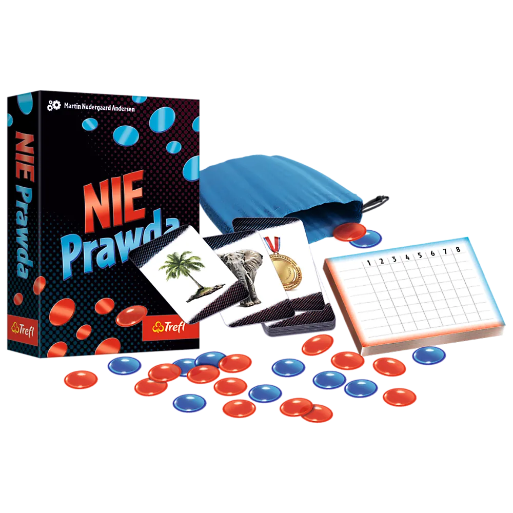 Opakowanie gry NiePrawda Trefl 02797 oraz elementy zestawu