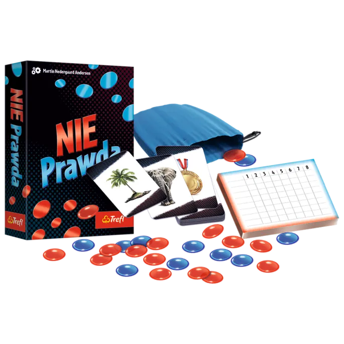 Opakowanie gry NiePrawda Trefl 02797 oraz elementy zestawu