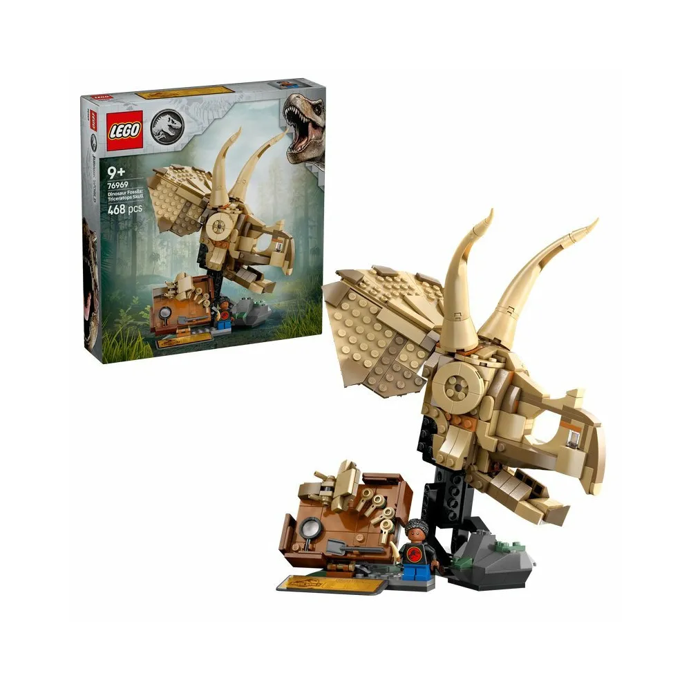 Czaszka triceratopsa z zestawu LEGO Jurassic World na podstawce dekoracyjnej