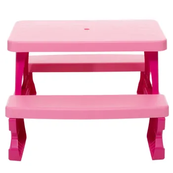 Stolik ogrodowy z dwoma ławkami dla dzieci w różowym kolorze