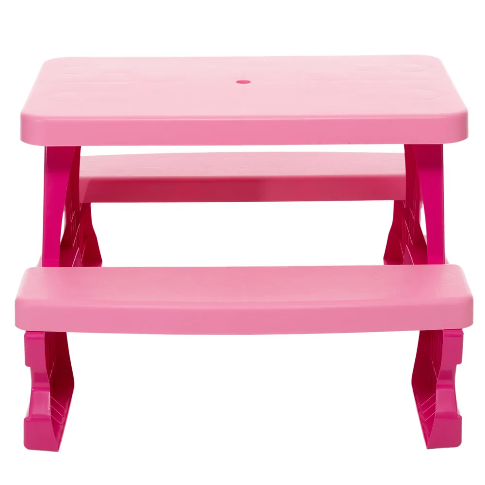 Stolik ogrodowy z dwoma ławkami dla dzieci w różowym kolorze