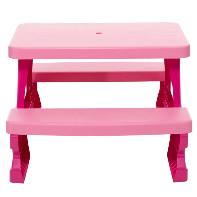 Stolik ogrodowy z dwoma ławkami dla dzieci w różowym kolorze