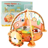 Mata edukacyjna lew z piłeczkami, kojec i zawieszki dla niemowlaka