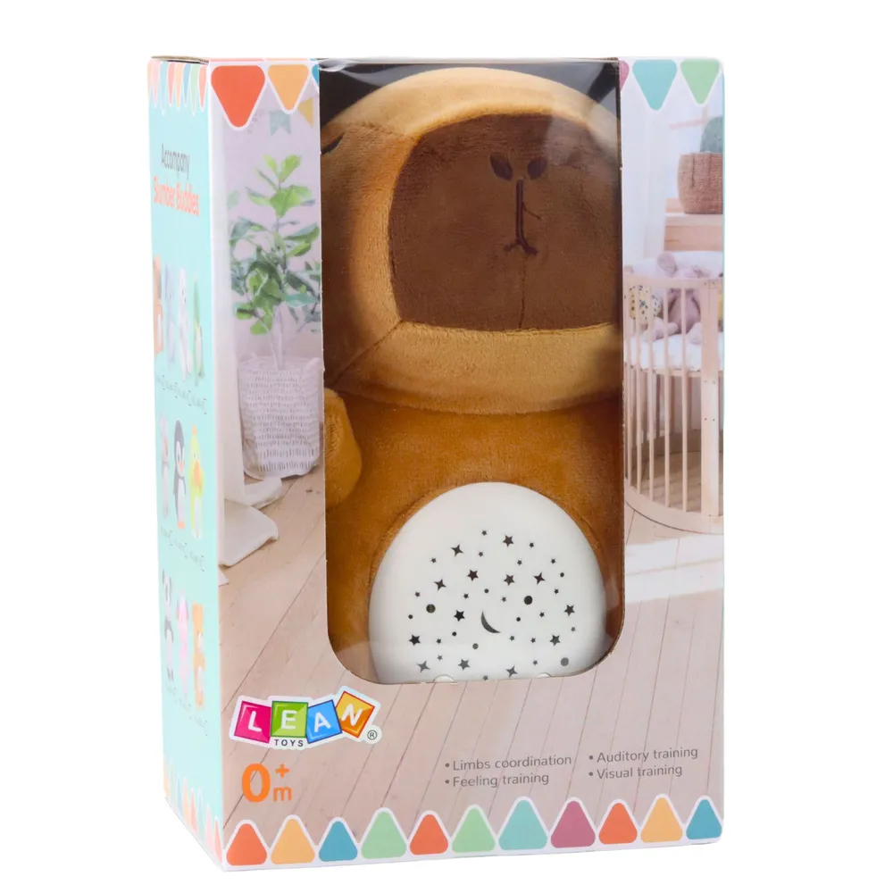 Brązowa pluszowa kapibara z projektorem i odtwarzaczem dźwięków na prezent