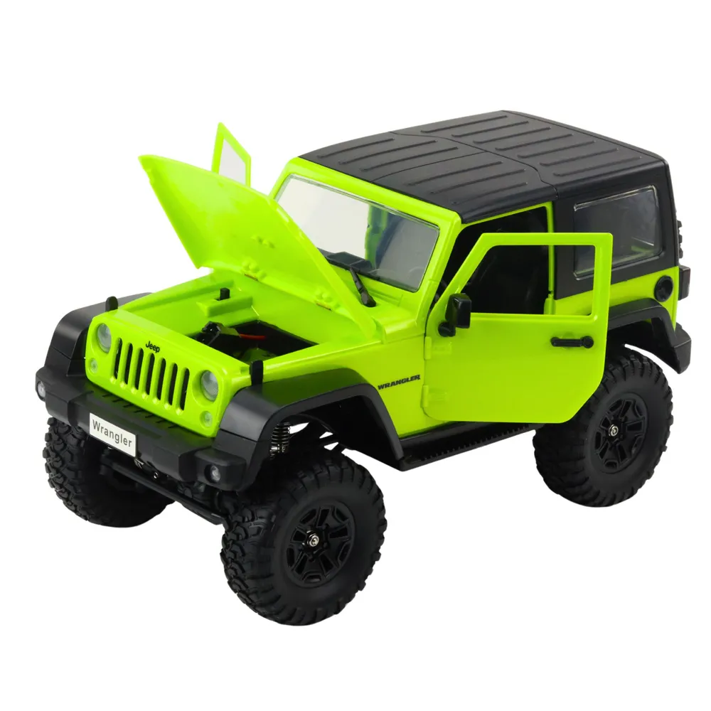 RC Jeep Wrangler Rock Crawler z otwartymi drzwiami i maską – widok z boku