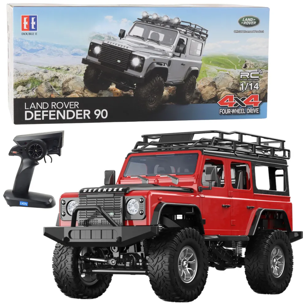 Czerwony Land Rover Defender 90 RC 1:14 na tle białym
