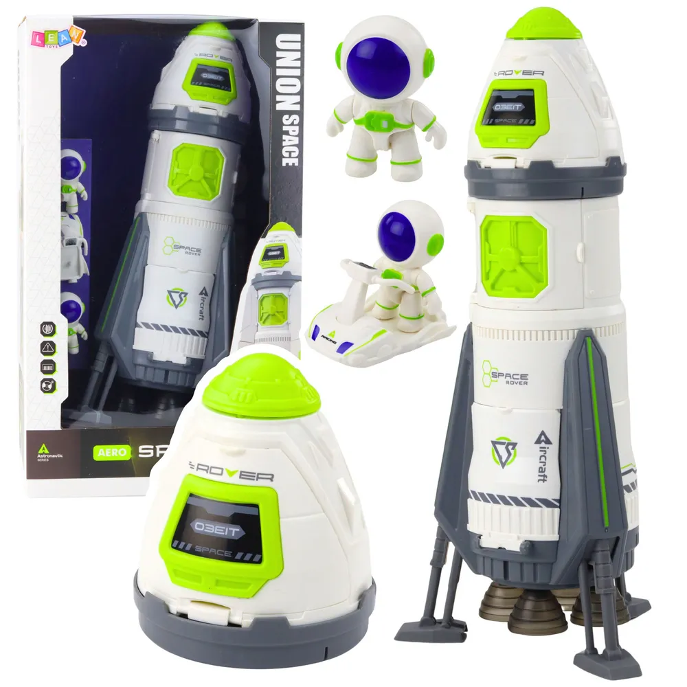 Zestaw rakieta kosmiczna z figurkami astronautów i pojazdem na białym tle