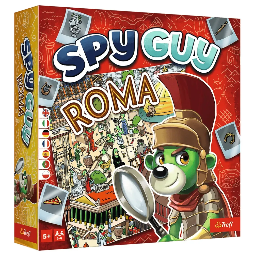Elementy gry Spy Guy Roma Trefl z planszą przedstawiającą starożytny Rzym