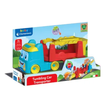 Kolorowy transporter Clementoni z przewrotnymi samochodzikami na białym tle