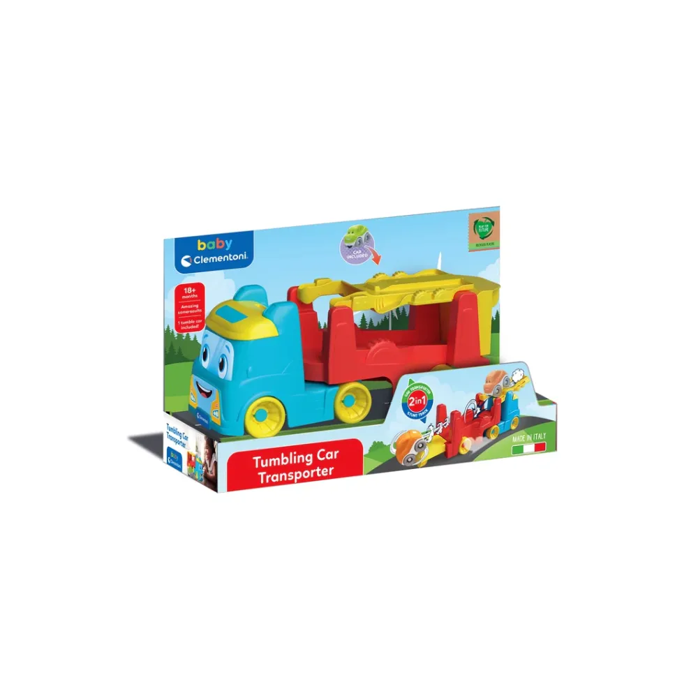 Kolorowy transporter Clementoni z przewrotnymi samochodzikami na białym tle
