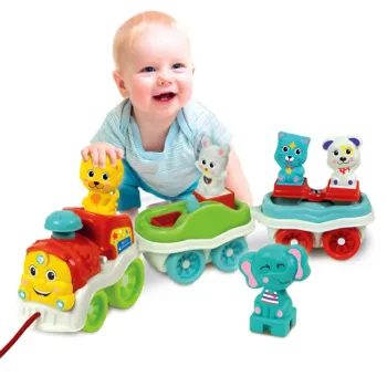 Kolorowe zwierzątka na pociągu edukacyjnym Clementoni, rozwijająca zabawa