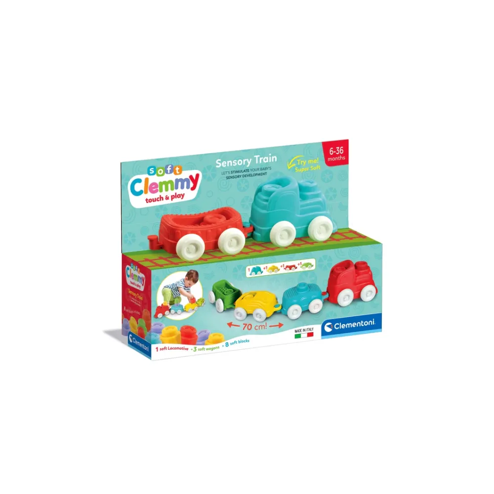 Kolorowy pociąg sensoryczny Clementoni z klockami dla najmłodszych dzieci