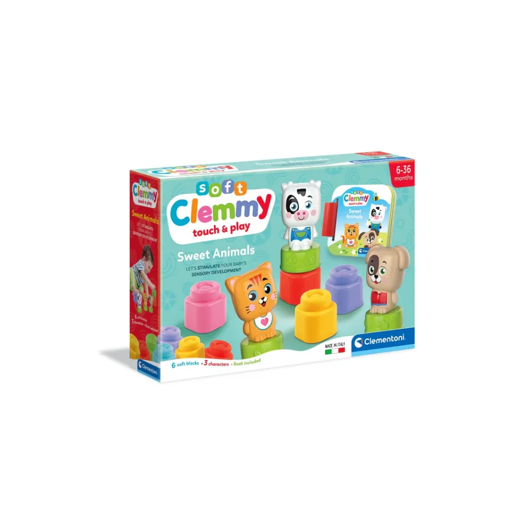 Miękkie klocki Clemmy oraz figurki kotka, pieska i krówki