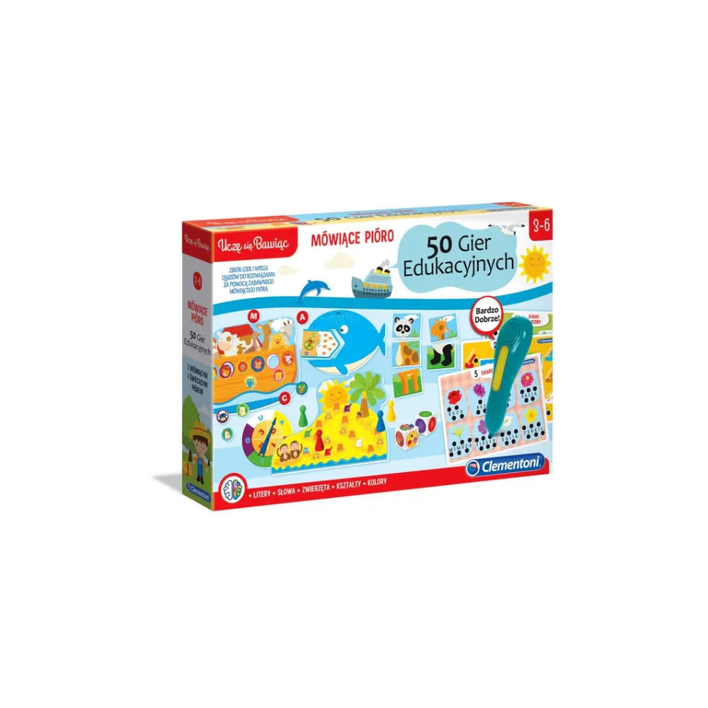 Zestaw Mówiące Pióro 50 Gier Edukacyjnych Clementoni na białym tle