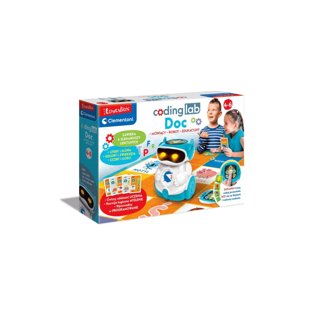 Robot edukacyjny Doc Clementoni na białym tle, widok z przodu