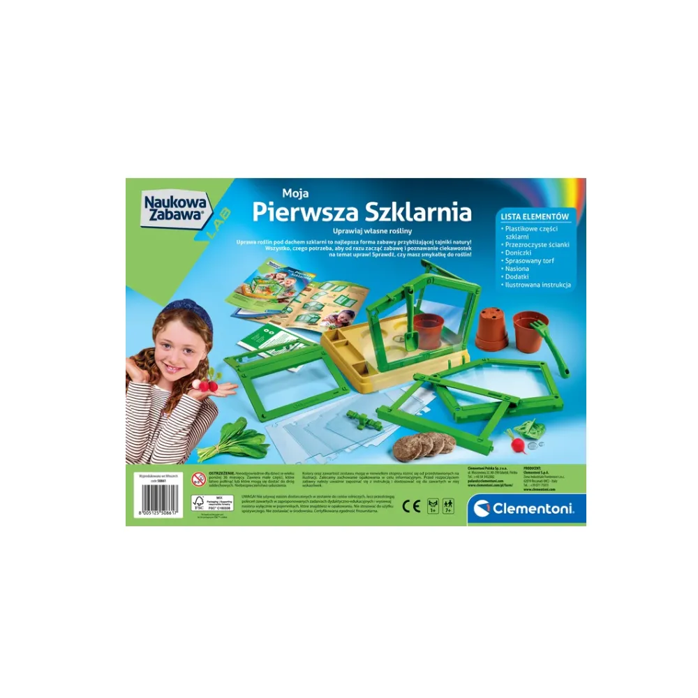 Zbliżenie na szklarnie Clementoni z rosnącymi sadzonkami