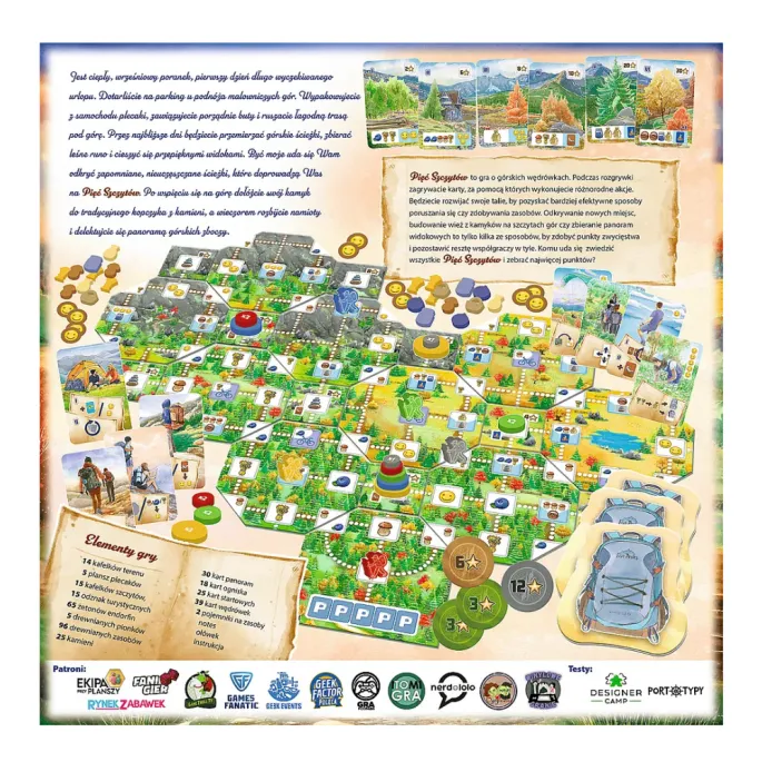 Komponenty gry Pięć Szczytów Górskie Wędrówki Trefl podczas rodzinnej zabawy