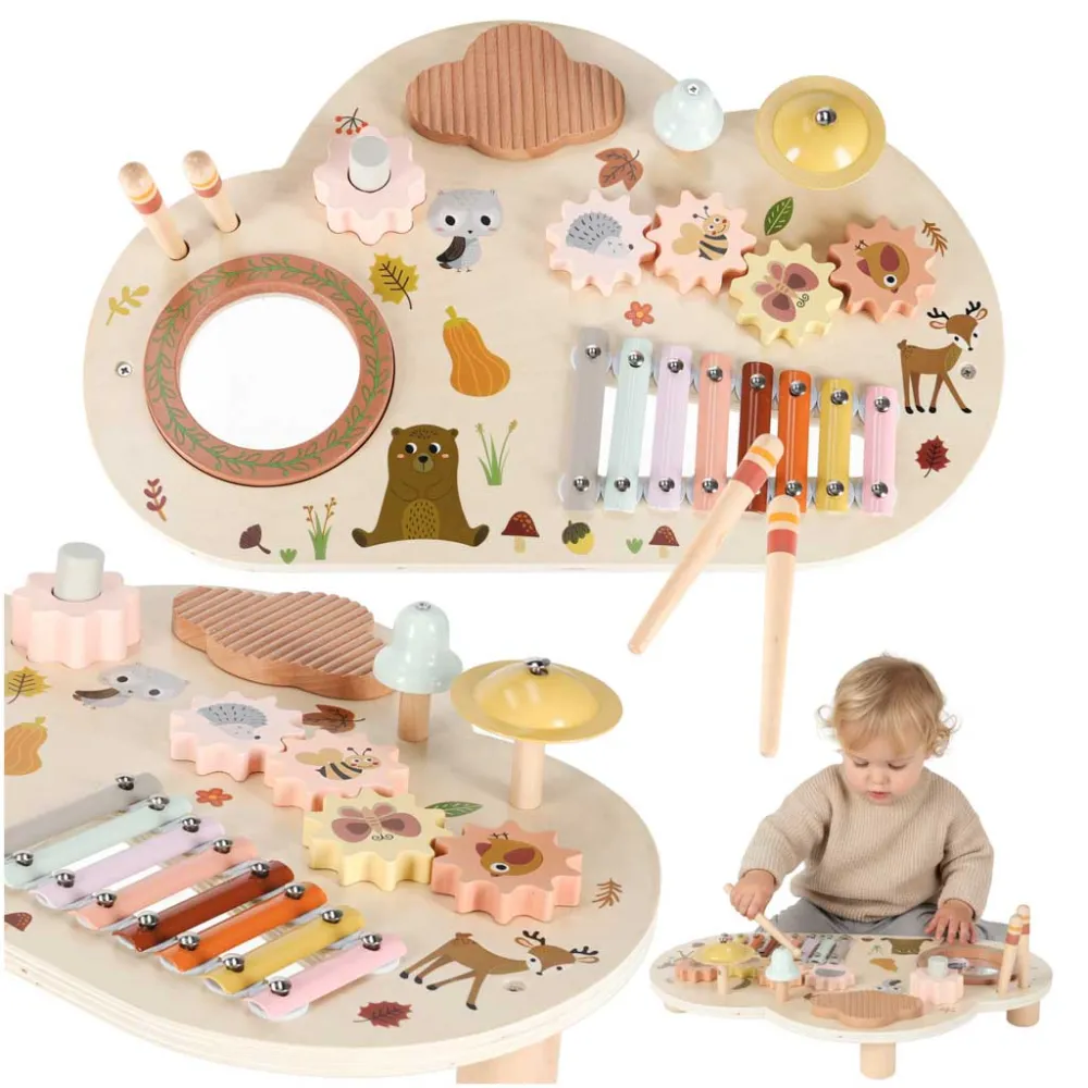 drewniany stolik edukacyjny z instrumentami muzycznymi dla dzieci