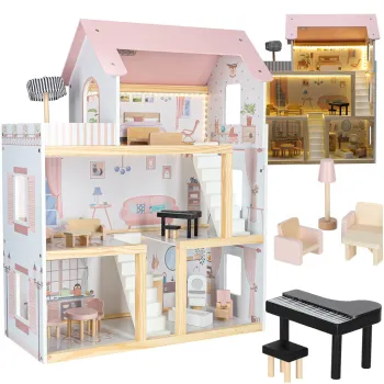 Domek dla lalek drewniany z mebelkami i LED na pastelowym tle