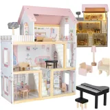 Domek dla lalek drewniany z mebelkami i LED na pastelowym tle
