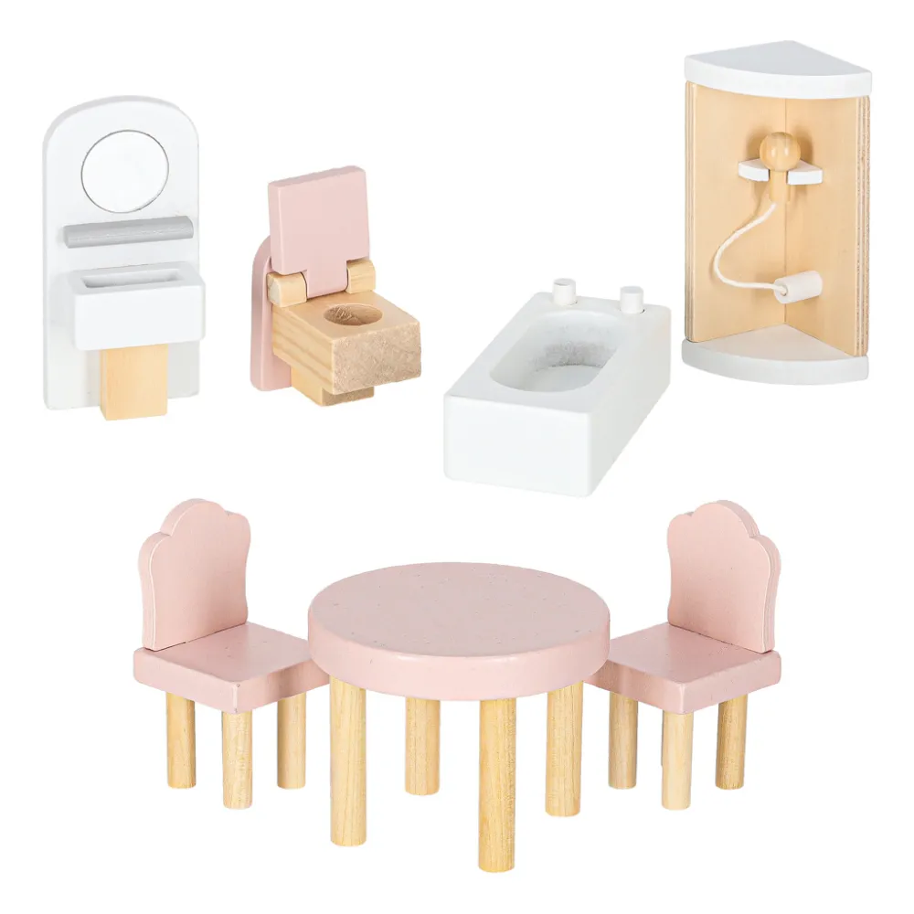 Widok całego domku dla lalek drewnianego z oświetleniem LED