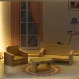 Drewniany domek z piętrową konstrukcją i mebelkami w środku