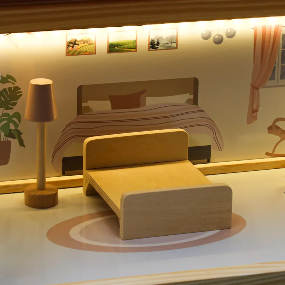 Kolorowy domek dla lalek z akcesoriami i ciepłym światłem LED