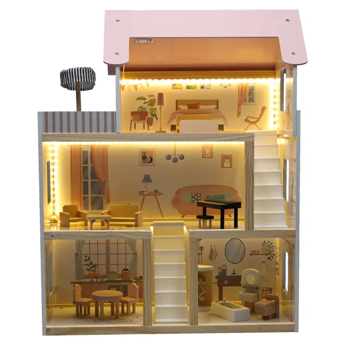 Pokój dziecięcy z ustawionym domkiem dla lalek i różowymi elementami