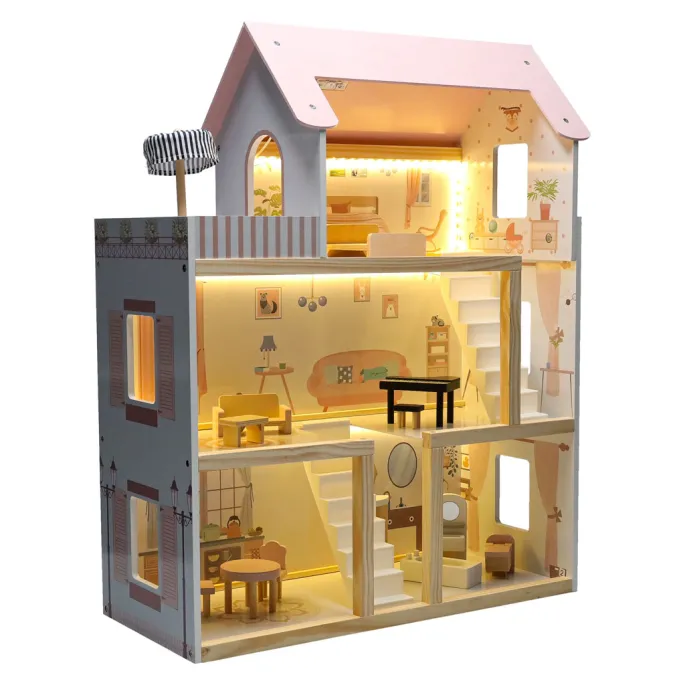 Komplet figurek i akcesoriów do domku dla lalek drewnianego z LED