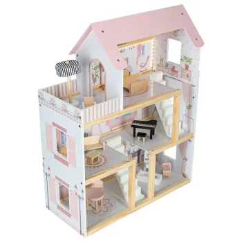 Szczegóły wnętrza domku dla lalek z oświetleniem i pastelowymi meblami