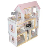 Szczegóły wnętrza domku dla lalek z oświetleniem i pastelowymi meblami