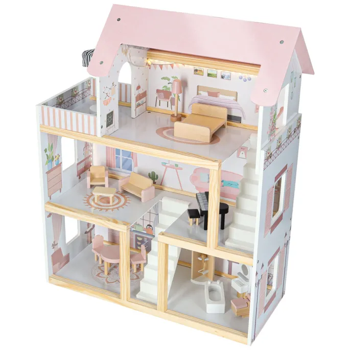 Domek dla lalek z otwartą tylną ścianą ukazującą wszystkie pomieszczenia