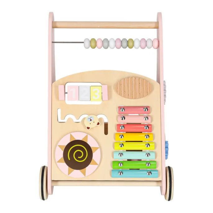 Różowy chodzik z zabawkami sensorycznymi i pałeczkami do cymbałków