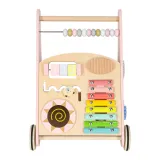 Różowy chodzik z zabawkami sensorycznymi i pałeczkami do cymbałków