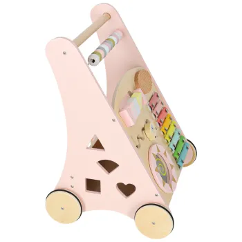 Stabilny drewniany chodzik dla dziewczynki z atrakcyjną tablicą zabaw