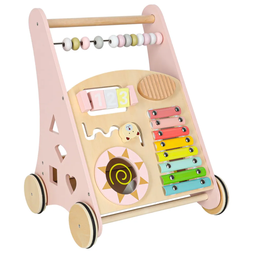 Kolorowy sorter i liczydło w drewnianym pchaczu dla najmłodszych