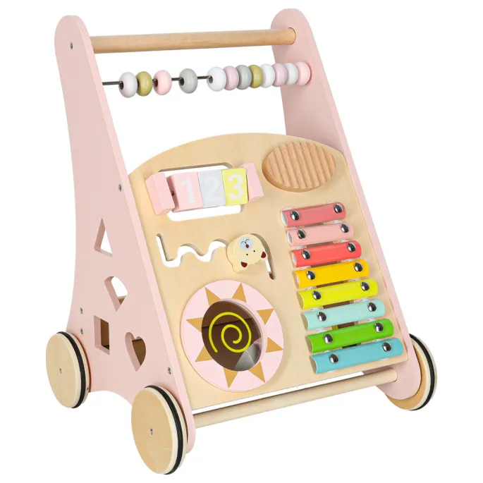 Kolorowy sorter i liczydło w drewnianym pchaczu dla najmłodszych